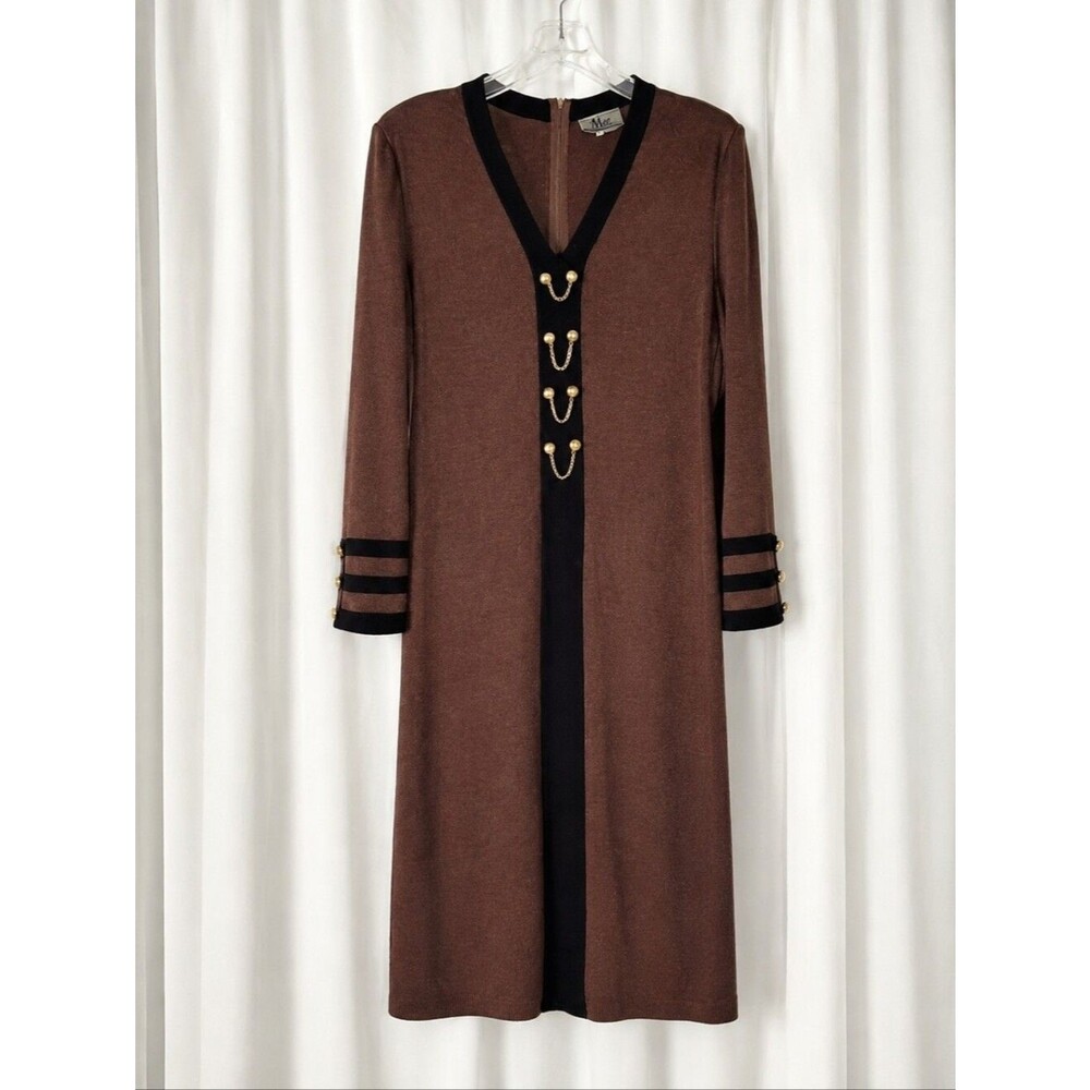 Vintage Mita Krinkle Spun Knit Sweater Dress Brown Black Gold Chain Trim Midi